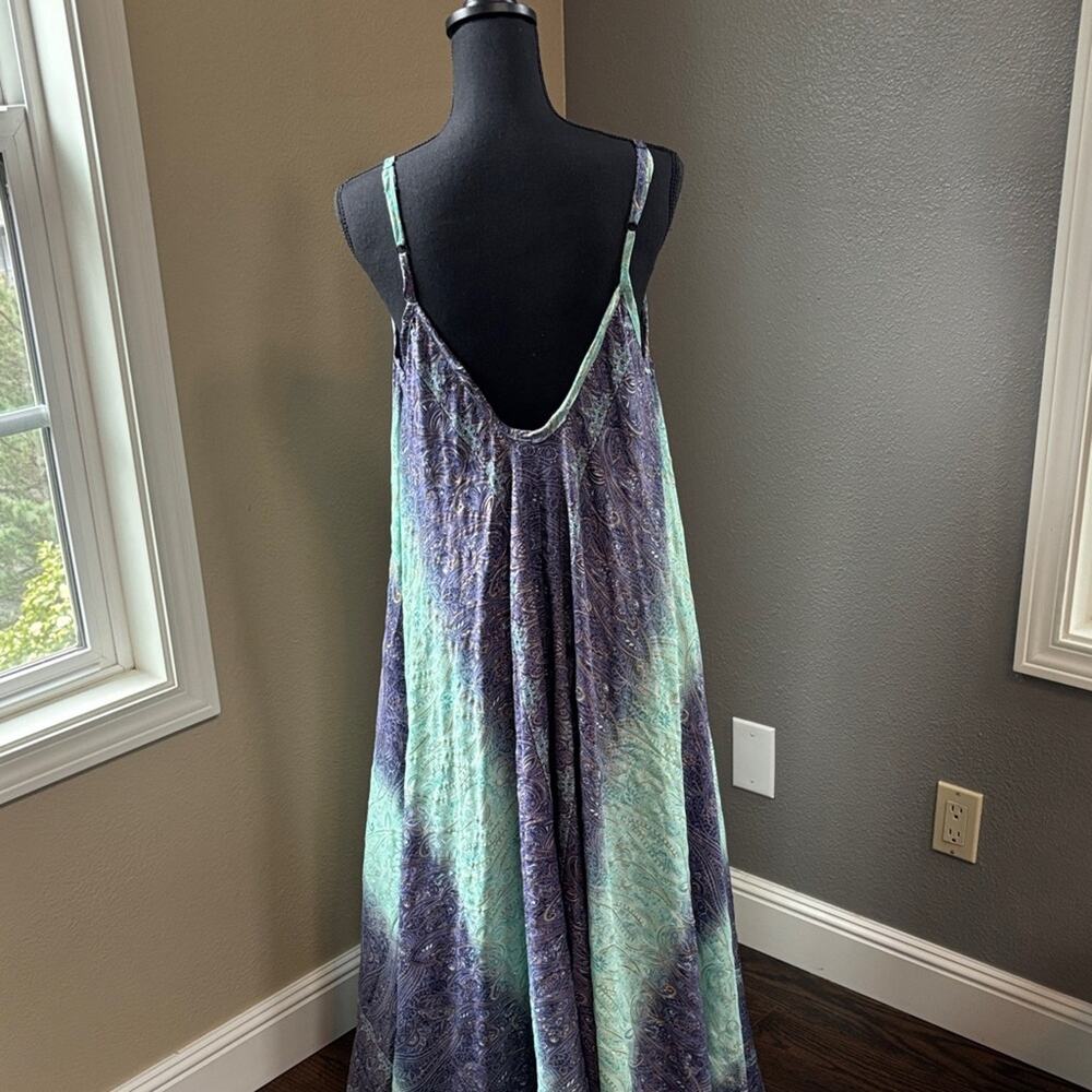 Flowy Bohemian Maxi Dress in Indigo & Mint with Gold Accents - Picture 5 of 7